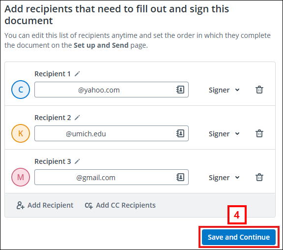 Add recipients that need to fill out and sign this document
